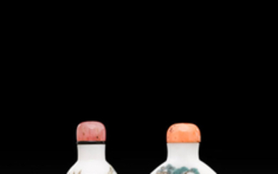 Two enameled white glass snuff bottles