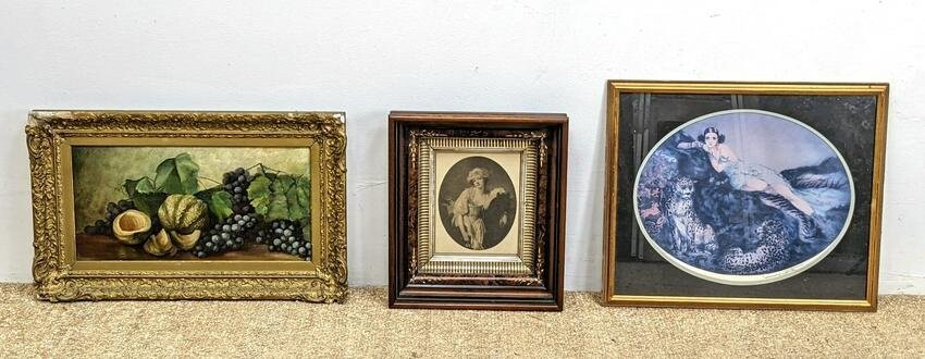 3pcs Prints and Oil Painting. Icart, Still Life, etc.