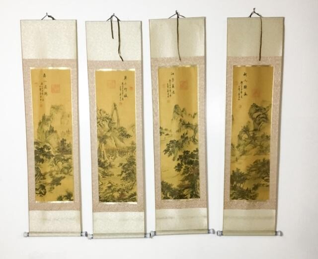 4 Chinese Landscape Painted Silk Scrolls