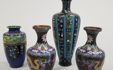 4 cloisonne oriental vases - 12 1/4" tallest (some as is)