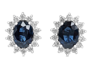 4.13ct Blue Sapphire and 0.70 Diamonds Earrings - 14 kt. White gold - Earrings - Diamonds