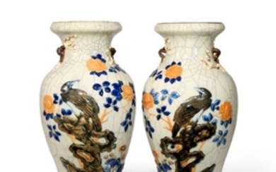 A PAIR OF CHINESE CRACKLE GLAZED BALUSTER VASES LA…