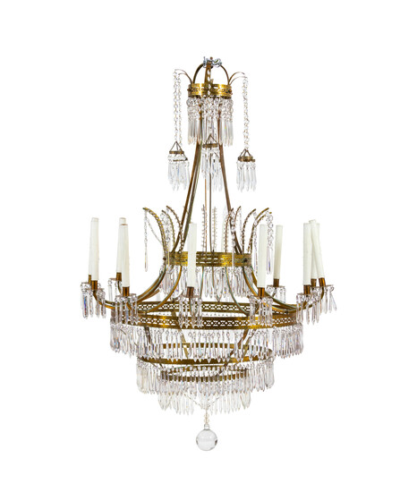 A Continental Gustavian Style Gilt Metal and Crystal 12-Light Chandelier