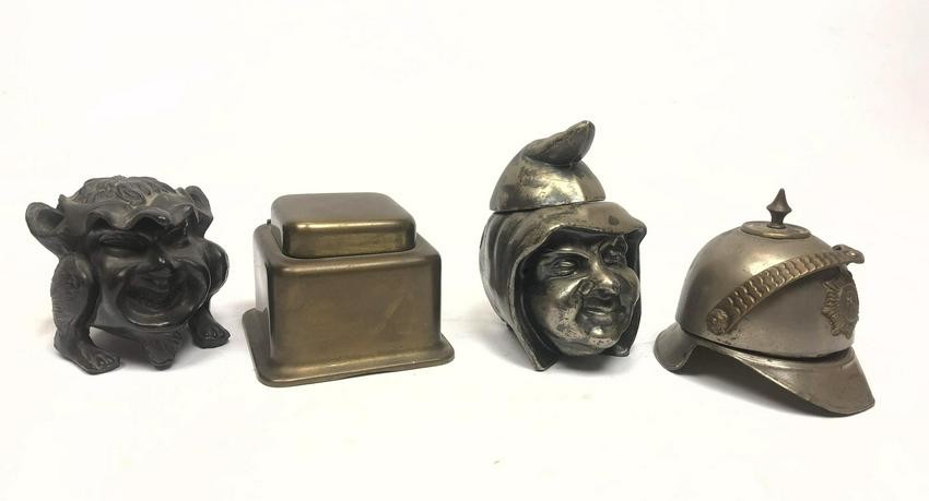 4pc Brass and Metal Inkwells,One European helmet, two f
