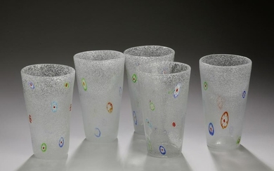 (5) Modern hand-formed white art glass tumblers