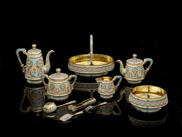 An important and elaborate silver-gilt and enamel tea and coffee service