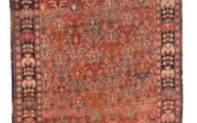 ORIENTAL RUG: TURKISH 5'0" x 10'6" Red and blue linear vine creates a lattice pattern on an abrashed red field. Each diamond formed..