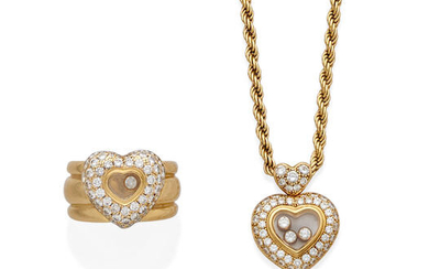 A diamond and 18k gold 'Happy Diamonds' necklace and ring,, chopard