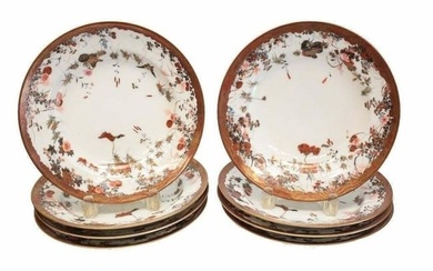8 Japanese Porcelain Rimmed Soup Bowls, Butterflies & Insects, Meiji Period
