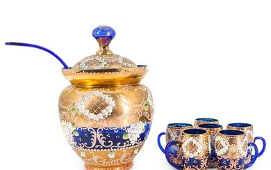 (8 Pc) Venetian Murano Tre Fuochi Glass Punch Bowl Set