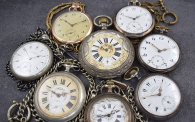 8 open face pocket watches in silver, nickel...