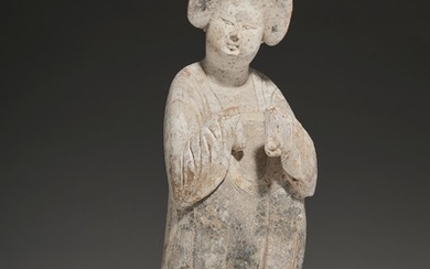 A LARGE PAINTED POTTERY FIGURE OF A COURT LADY, TANG DYNASTY (AD 618-907)