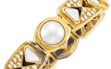 Gold, Blackened Steel, Mabé Pearl, Mother-of-Pearl and Diamond Bangle Bracelet