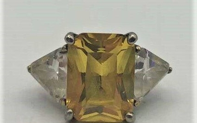 .925 Sterling Ring Large Yellow Topaz Rock Crystal Side