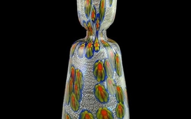 Murano Silver Flecks Flower Murrines Art Glass Vase