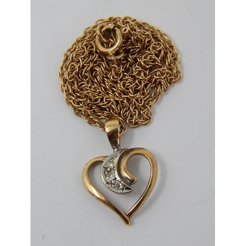 9ct gold diamond heart pendant necklace. 310899