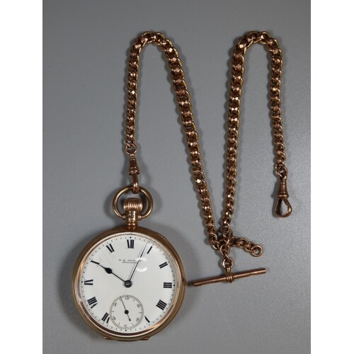 9ct gold open faced keyless pocket watch with enamelled Roma...
