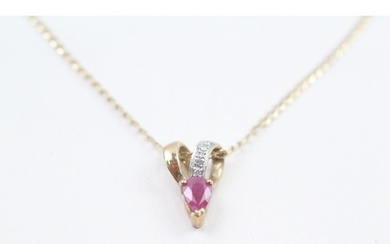 9ct gold pear cut ruby & diamond pendant necklace (2.1g)