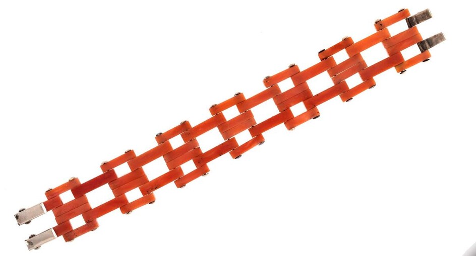 A 19th century coral corallium rubrum bracelet, of gate-link desigh, to a silver clasp mount and fittings, length 17cm