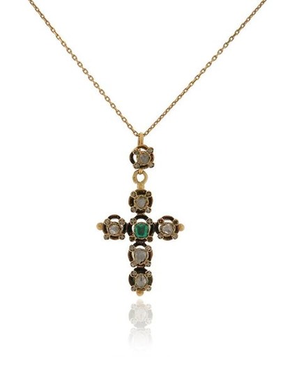 A 19th century emerald and diamond cruciform pendant,...