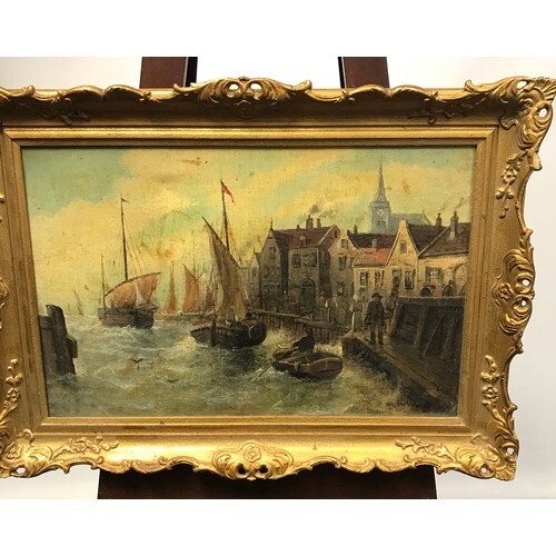 A 19th century oil on canvas depicting a harbour scene. Sign...