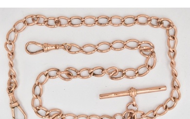 A 9CT ROSE GOLD DOUBLE ALBERT CHAIN, curb links each stamped...