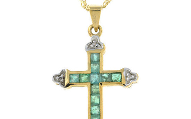 A 9ct gold emerald and diamond cross pendant, with 9ct gold chain.