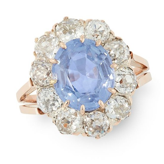 A CEYLON NO HEAT SAPPHIRE AND DIAMOND CLUSTER RING in