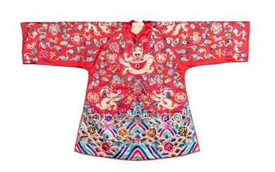 A CHINESE EMBROIDERED SILK RED GROUND ROBE