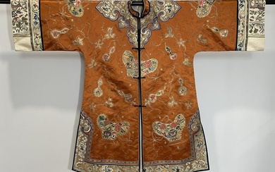 A CHINESE LATE QING DYNASTY EMBROIDERED ORANGE SILK FEMALE ROBE