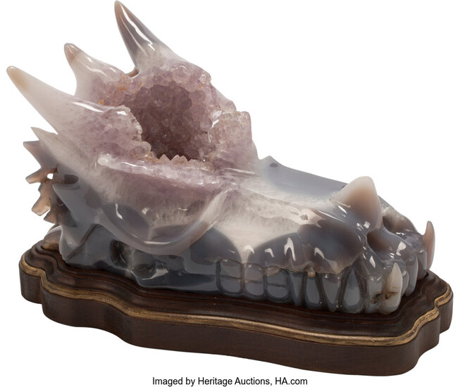 A Carved Agate and Amethyst Head of a Mystical Animal Figure on Partial Gilt Carved Wood Base