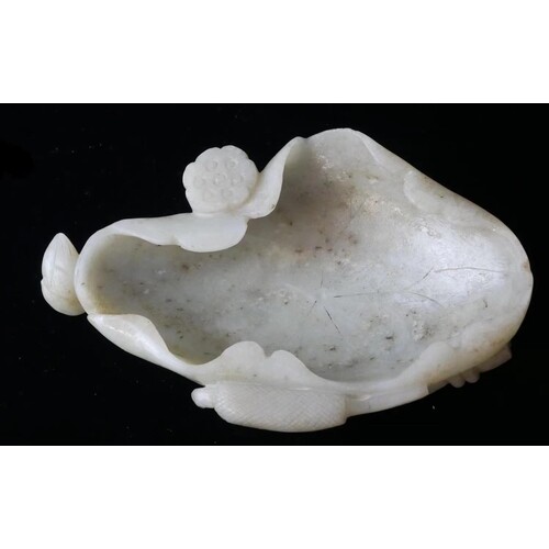A Chinese Carved Leaf Form Jade Shallow Bowl, Late Ming/Earl...