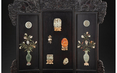 A Chinese Jade and Hardstone Inlaid Table Screen