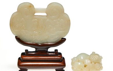 A Chinese White Jade "Badgers" Grouping and White Jade Lock Form Plaque with a Wood Stand Width of largest 3 "