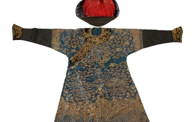 A Chinese blue-ground dragon robe and black-ground head ware, 19th century