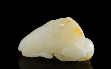 A Chinese carved white and russet jade 'Three Rams' figure, 18th century