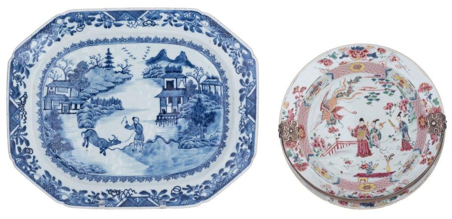 A Chinese famille rose export porcelain dish, decorated with Immortals...