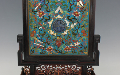 A Chinese hardwood framed cloisonné and lacquer table screen with carved hardwood and boxwood s