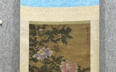 A Chinese ink painting of flowers and birds on a vertical scroll, Xu Xi