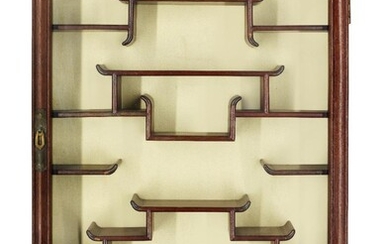 A Chinese wood display cabinet, 20th century, with single glazed door enclosing arrangement of shelves, 85x51cm 二十世紀 木雕嵌玻璃展櫃