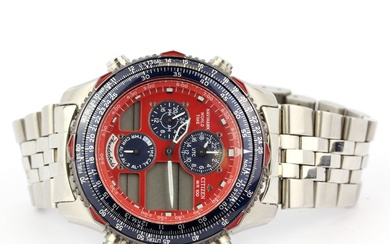 A Citizen WR100 Thunderbirds Navihawk World Time chronographic stainless steel 10 bar wristwatch (model no. 960691, C300-Q01709 TA) on a sta