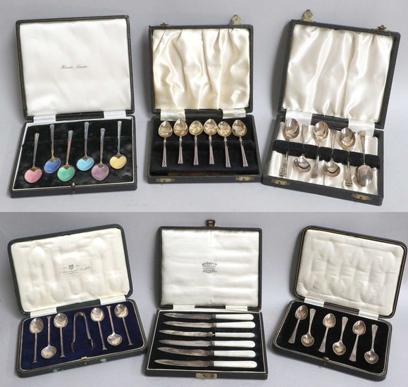 A Collection of Assorted Cased Silver Spoons, including four cased...