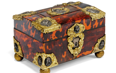 A DUTCH COLONIAL SILVER AND BRASS-MOUNTED TORTOISESHELL-VENEERED CASKET, MID-18TH CENTURY