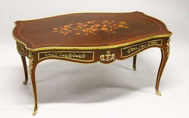 A FRENCH STYLE INLAID MAHOGANY AND ORMOLU MOUNTED