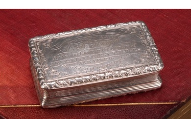 A George IV silver rectangular snuff box, hinged cover inscr...