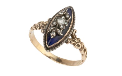 A Georgian diamond and enamel memorial ring, the navette shaped...