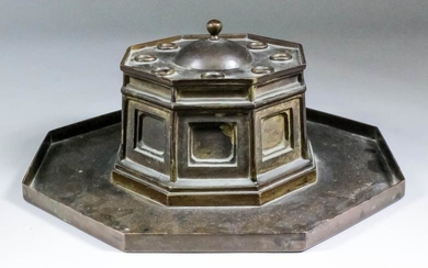 A Gilt and Bronzed Metal Octagonal Inkwell, 19th Century,...