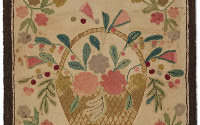 A HOOKED RUG DEPICTING A BASKET OF FLOWERS, AMERICAN, 19TH CENTURY