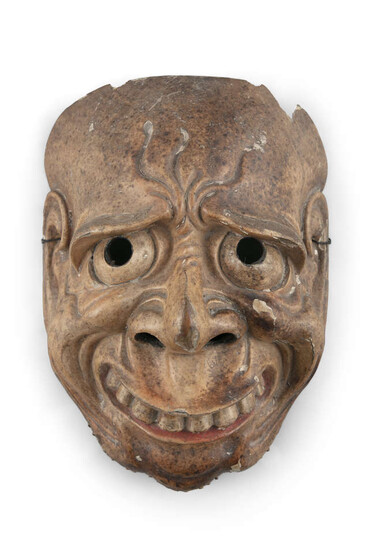 A KYOGEN THEATER MASK OF A CONTORTED CARACTER...