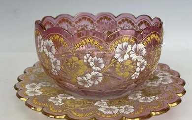 A LARGE GILT AND ENAMELED MOSER BOWL AND PLATE
